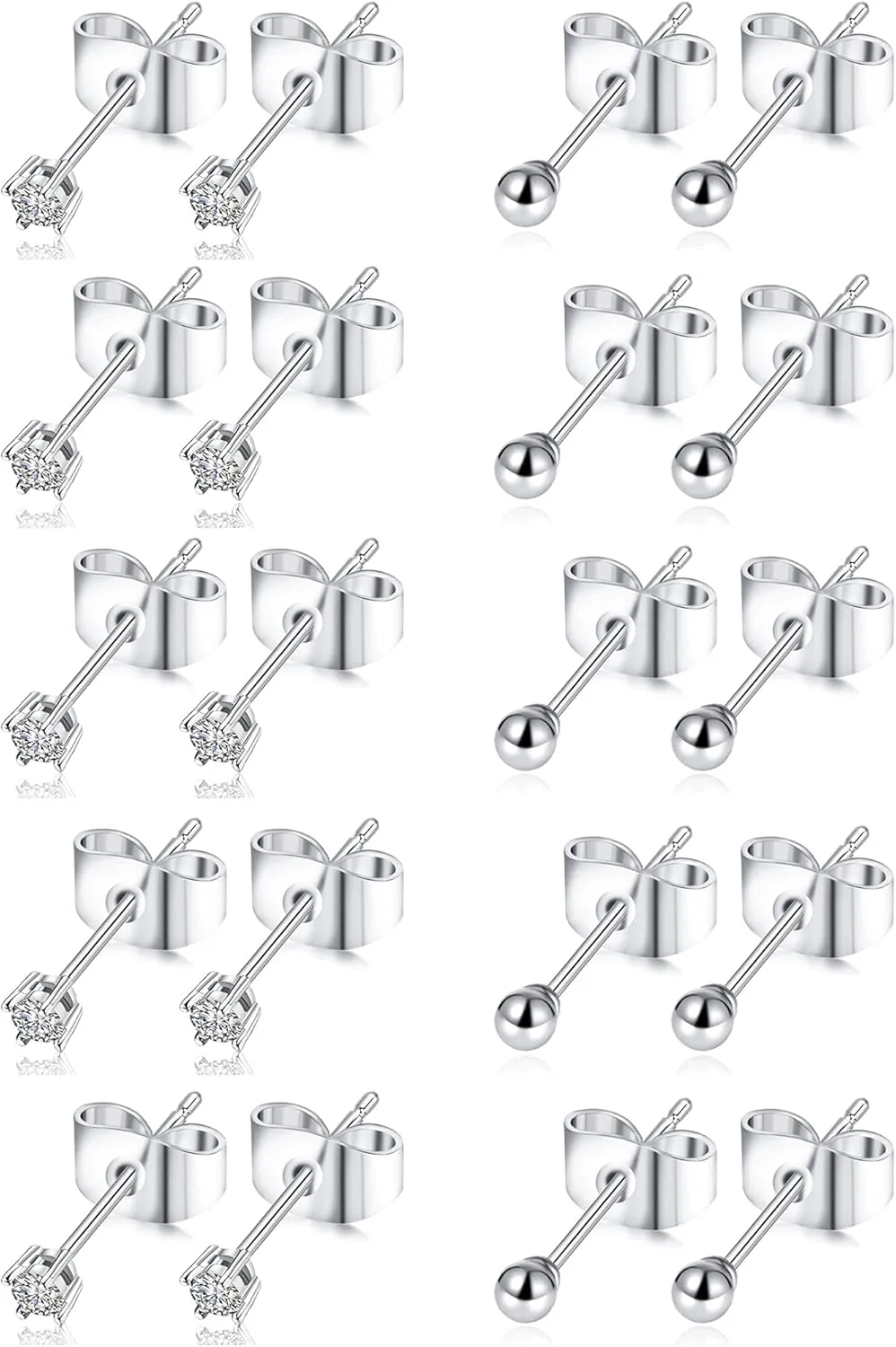Tornito 10 Pairs 20G Stainless Steel Stud Earrings Small Cubic Zirconia Ball Earring Set For Women Men 2-4MM