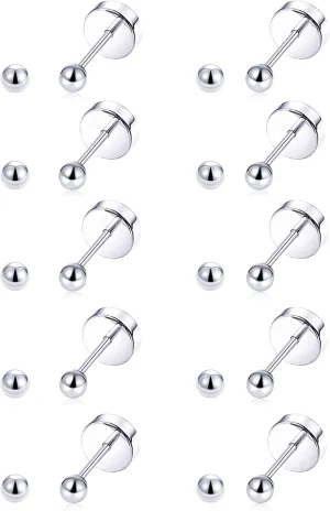Tornito 10 Pairs Tiny Cartilage Stud Earrings Stainless Steel Small Round CZ Ball Barbell Stud Earrings Tragus Piercing Earring Set for Men Women Screw Flat Back 20G