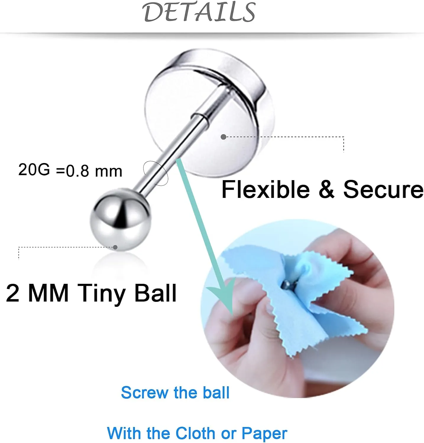 Tornito 10 Pairs Tiny Cartilage Stud Earrings Stainless Steel Small Round CZ Ball Barbell Stud Earrings Tragus Piercing Earring Set for Men Women Screw Flat Back 20G