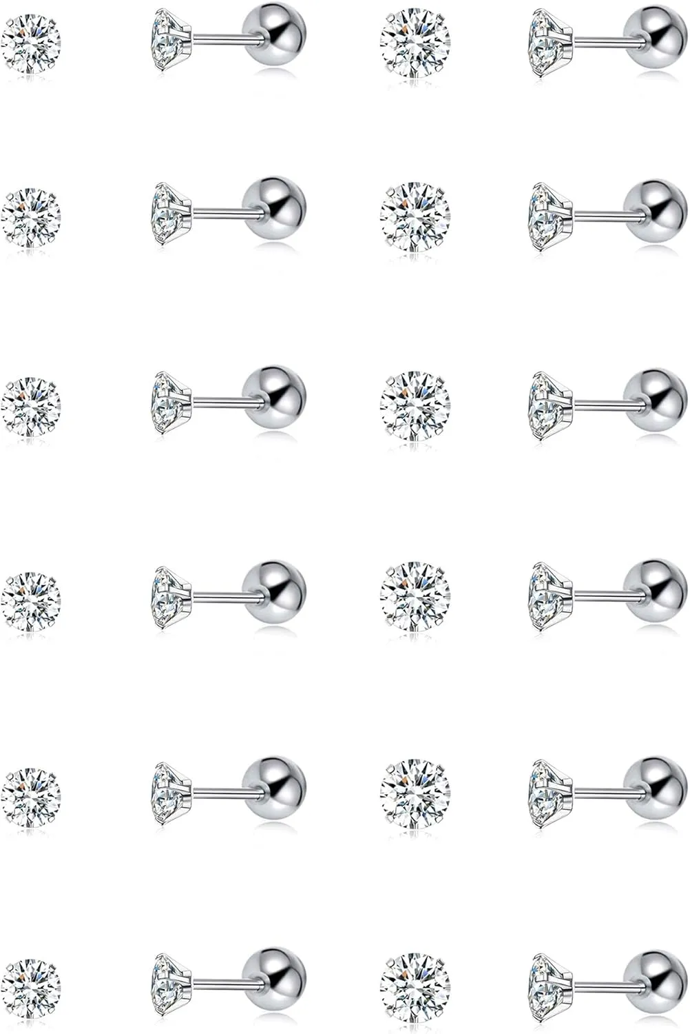Tornito 12 Pairs Tiny Stud Earrings Stainless Steel Round Cubic Zirconia Barbell Stud Earrings Set For Men Women Screw Flat Back Earrings 2MM-3MM 20G