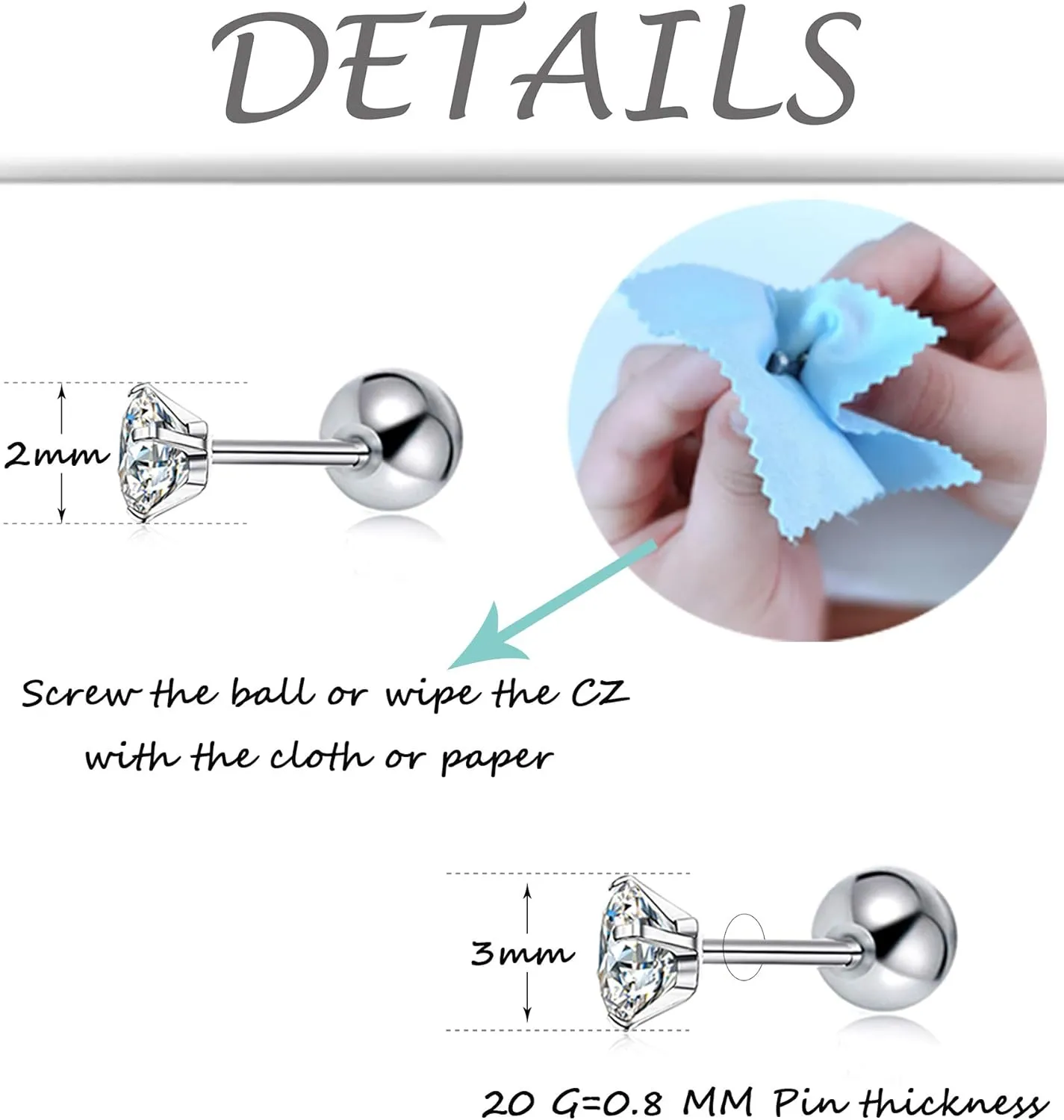 Tornito 12 Pairs Tiny Stud Earrings Stainless Steel Round Cubic Zirconia Barbell Stud Earrings Set For Men Women Screw Flat Back Earrings 2MM-3MM 20G