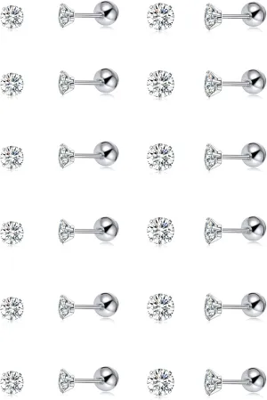Tornito 12 Pairs Tiny Stud Earrings Stainless Steel Round Cubic Zirconia Barbell Stud Earrings Set For Men Women Screw Flat Back Earrings 2MM-3MM 20G