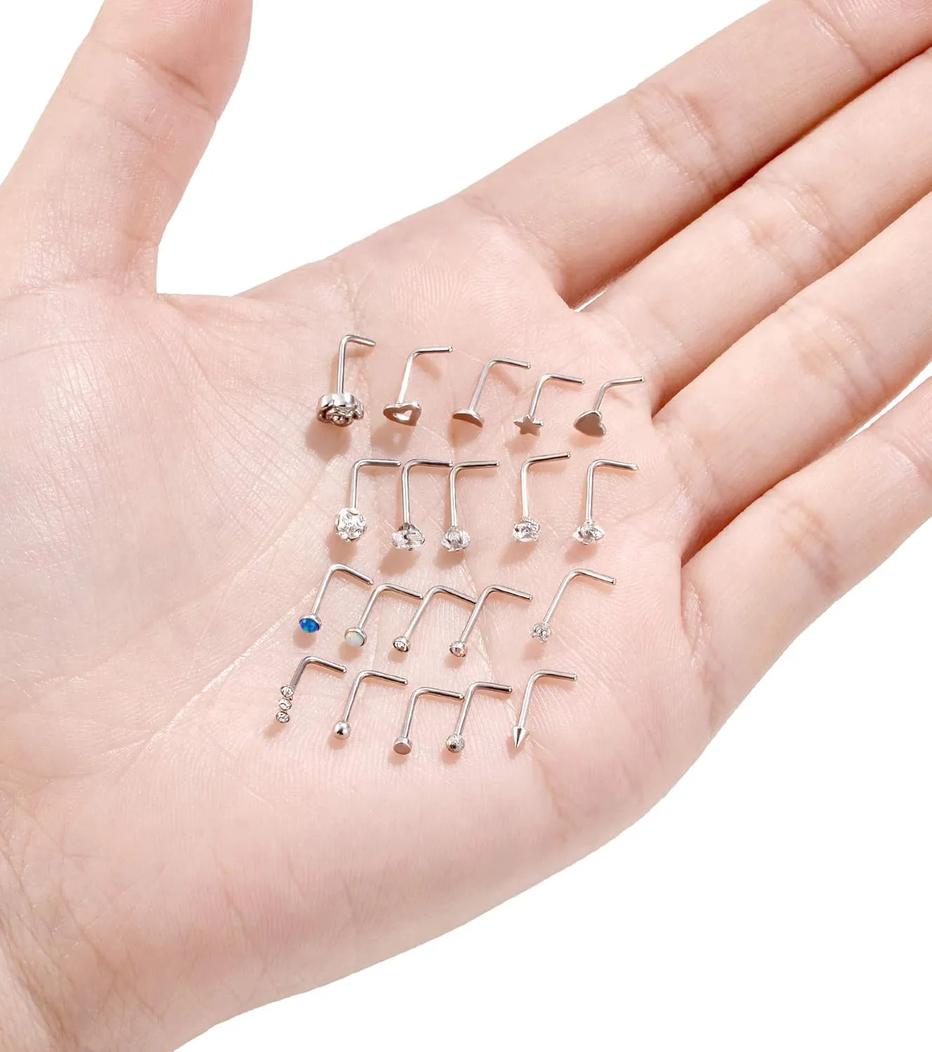 Tornito 20G 20Pcs CZ Nose Ring Stud Retainer L Bone Screw Shaped Piercing Jewelry Set For Women Men Stainless Steel Silver Tone