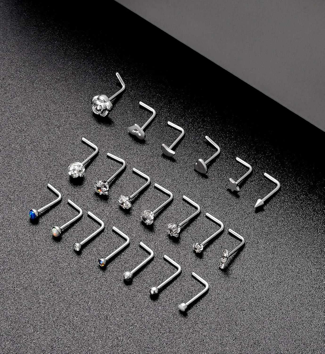 Tornito 20G 20Pcs CZ Nose Ring Stud Retainer L Bone Screw Shaped Piercing Jewelry Set For Women Men Stainless Steel Silver Tone