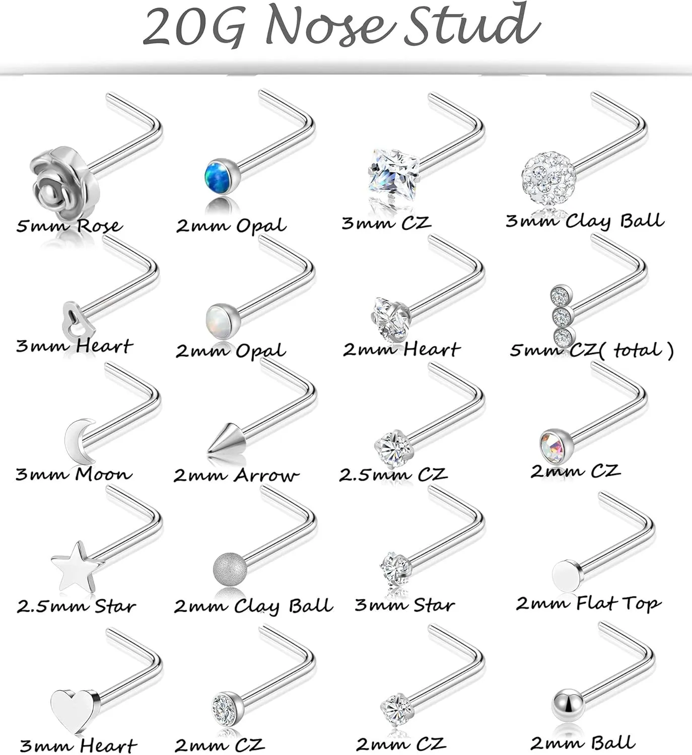 Tornito 20G 20Pcs CZ Nose Ring Stud Retainer L Bone Screw Shaped Piercing Jewelry Set For Women Men Stainless Steel Silver Tone