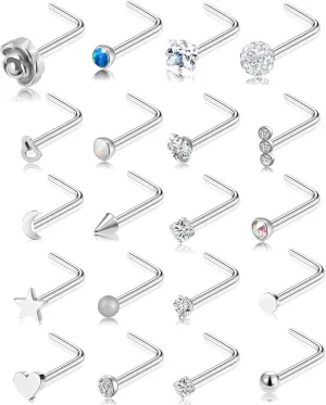 Tornito 20G 20Pcs CZ Nose Ring Stud Retainer L Bone Screw Shaped Piercing Jewelry Set For Women Men Stainless Steel Silver Tone