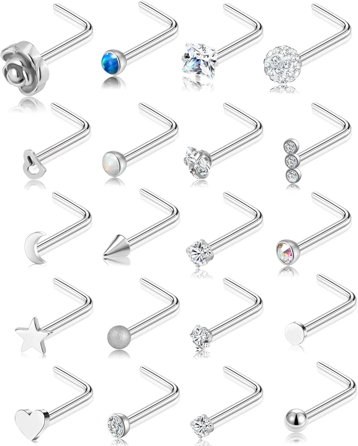 Tornito 20G 20Pcs CZ Nose Ring Stud Retainer L Bone Screw Shaped Piercing Jewelry Set For Women Men Stainless Steel Silver Tone