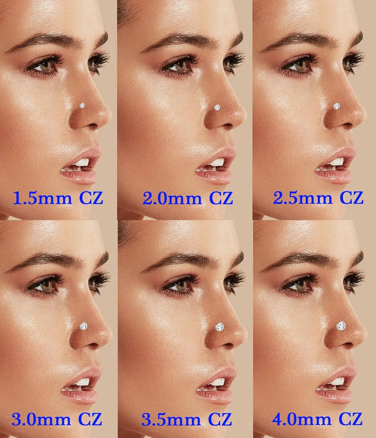 Tornito 6 Pairs 18K Gold Plated Push in Nose Studs for Women Men 316L Stainless Steel Threadless Lip Rings CZ Flat Back Stud Earrings Nostril Labret Cartilage Earrings 6/7/7/8/10/12mm 16G 18G 20G
