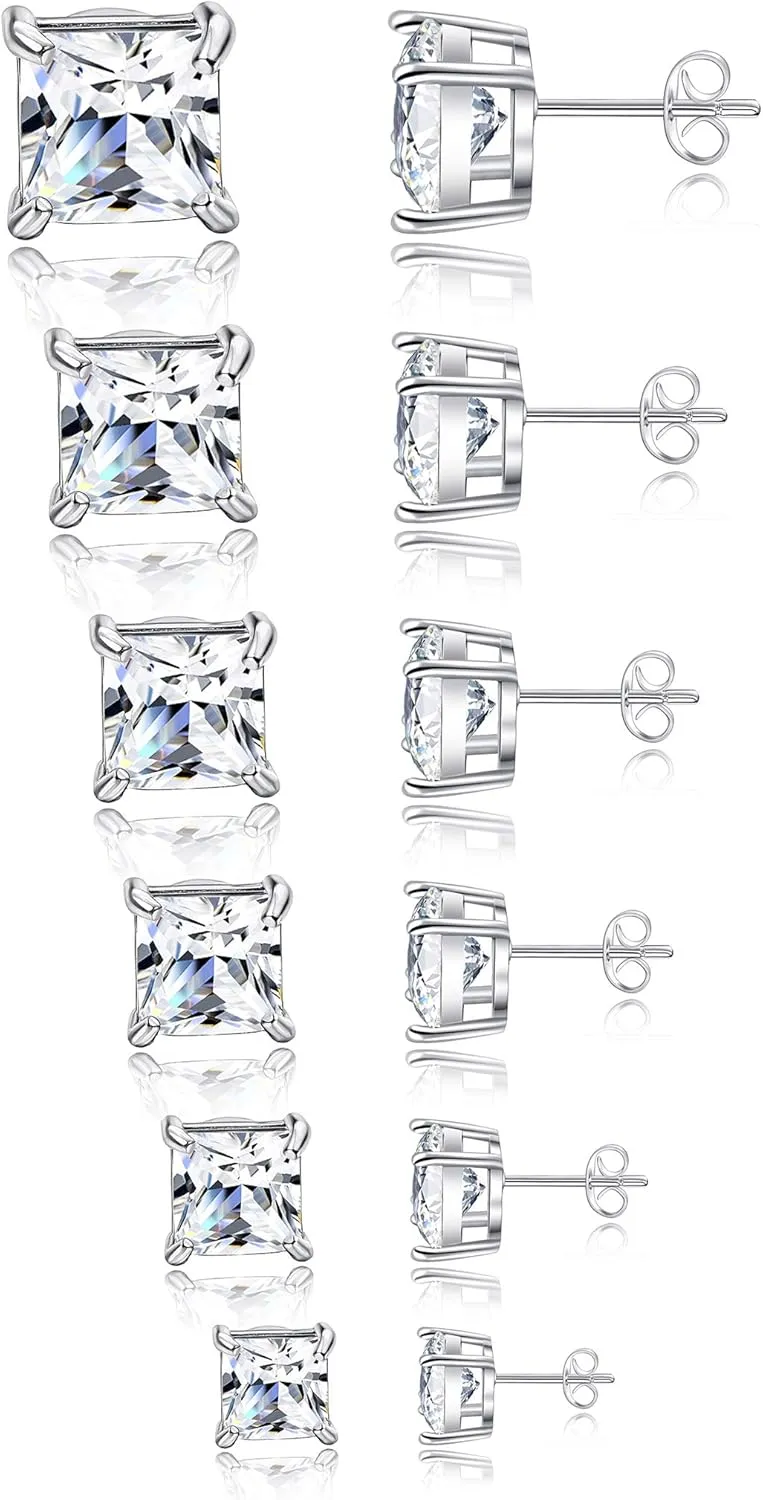 Tornito 6 Pairs 20G Stainless Steel Stud Earrings Square Cubic Zirconia Earring Set For Men Women 3MM-8MM Silver Tone