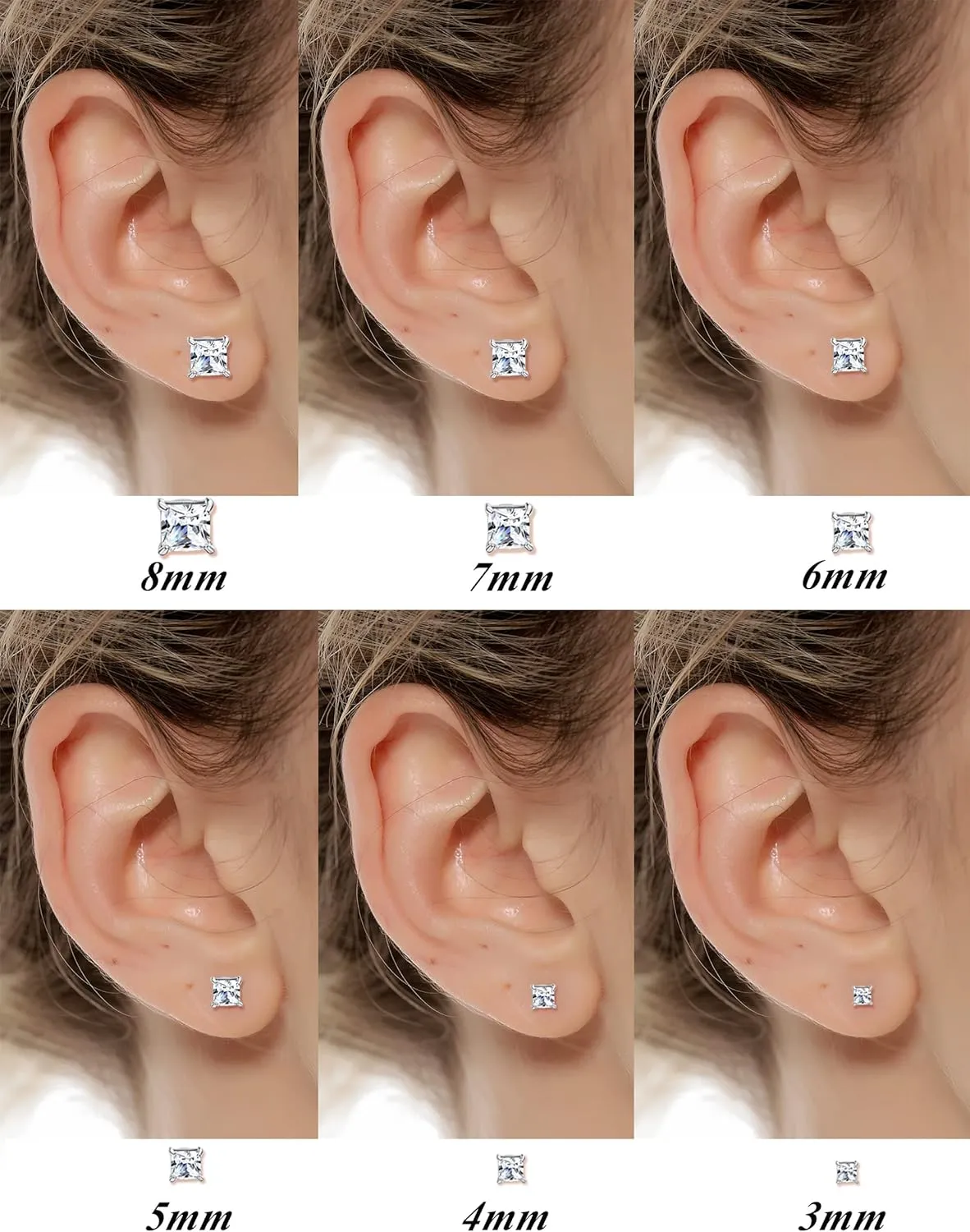 Tornito 6 Pairs 20G Stainless Steel Stud Earrings Square Cubic Zirconia Earring Set For Men Women 3MM-8MM Silver Tone