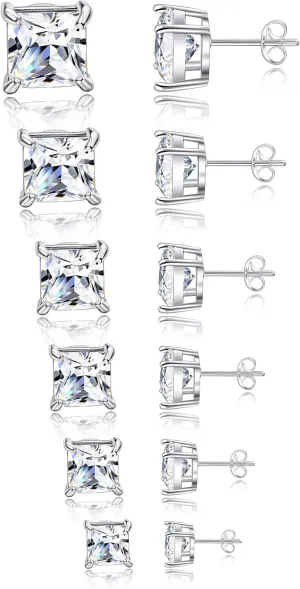 Tornito 6 Pairs 20G Stainless Steel Stud Earrings Square Cubic Zirconia Earring Set For Men Women 3MM-8MM Silver Tone