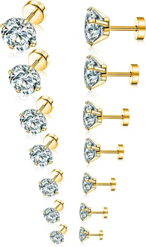 Tornito 7 Pairs 20G Stainless Steel Stud Earrings Round Cubic Zirconia Barbell Earring Set For Men Women 2MM-8MM Rose Gold Tone