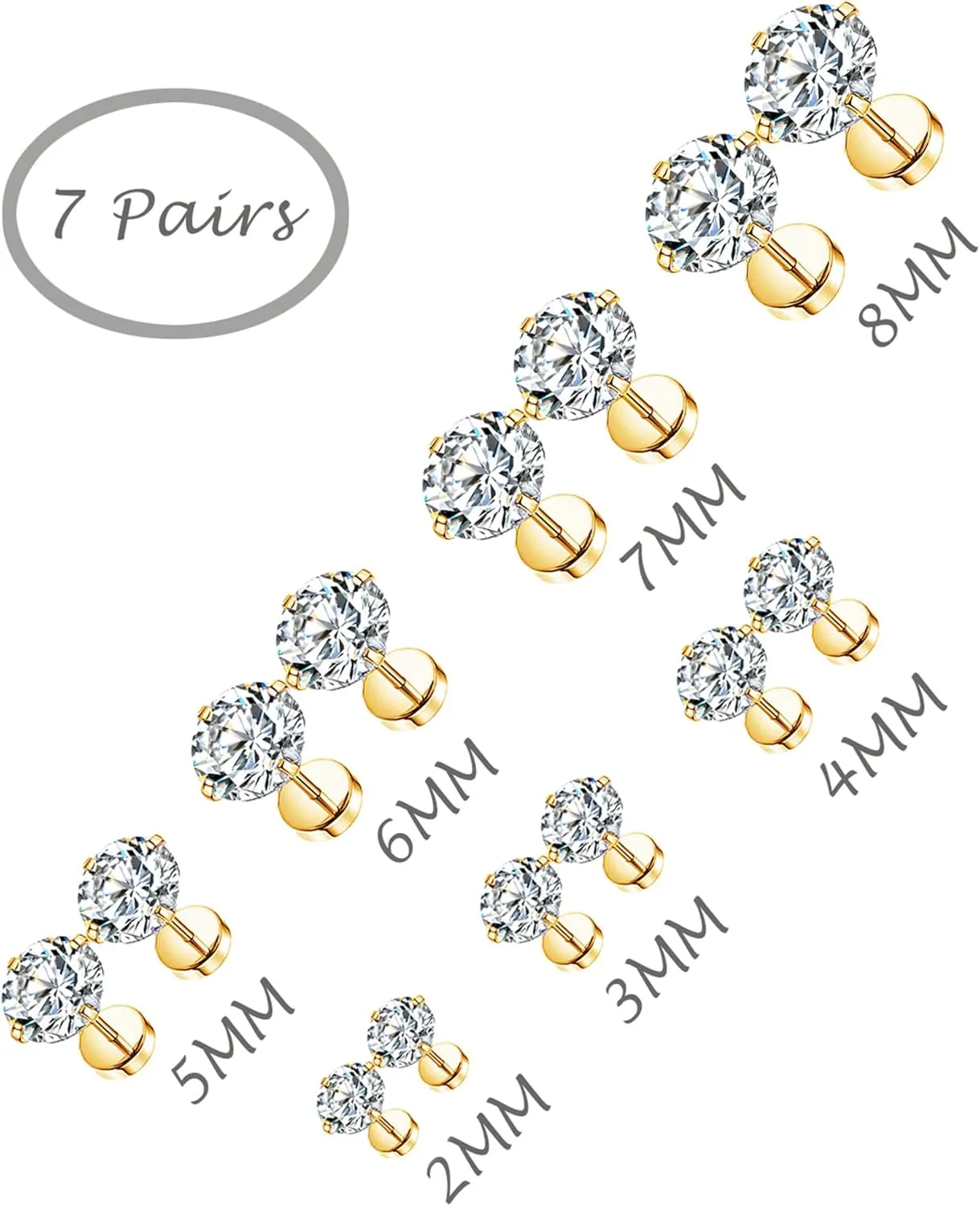 Tornito 7 Pairs 20G Stainless Steel Stud Earrings Round Cubic Zirconia Barbell Earring Set For Men Women 2MM-8MM Rose Gold Tone