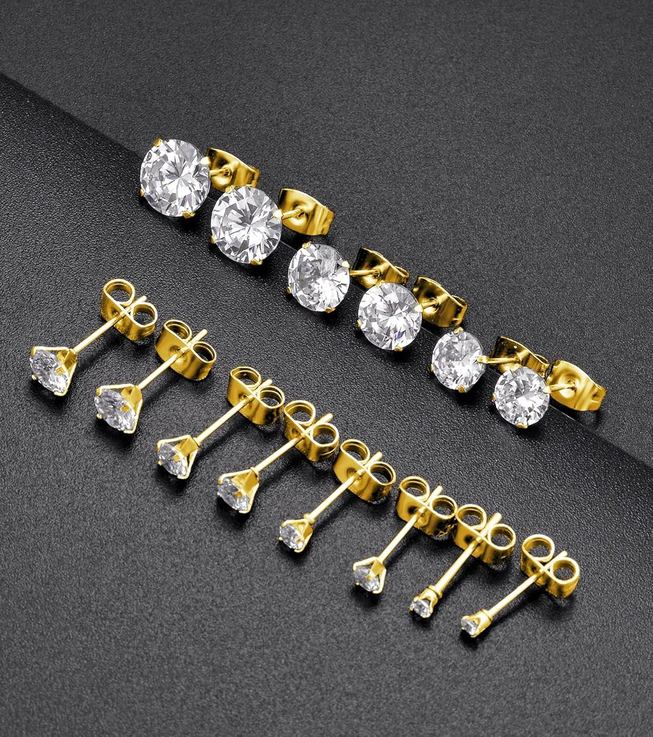 Tornito 7 Pairs 20G Stainless Steel Stud Earrings Round Cubic Zirconia Barbell Earring Set For Men Women 2MM-8MM Rose Gold Tone