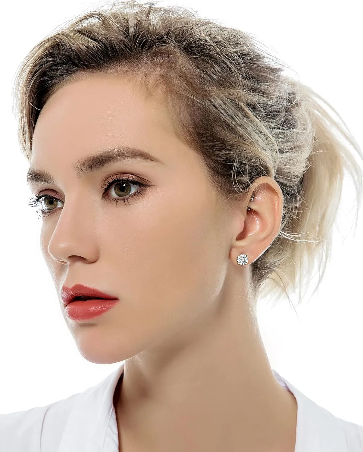 Tornito 7 Pairs 20G Stainless Steel Stud Earrings Round Cubic Zirconia Barbell Earring Set For Men Women 2MM-8MM Rose Gold Tone