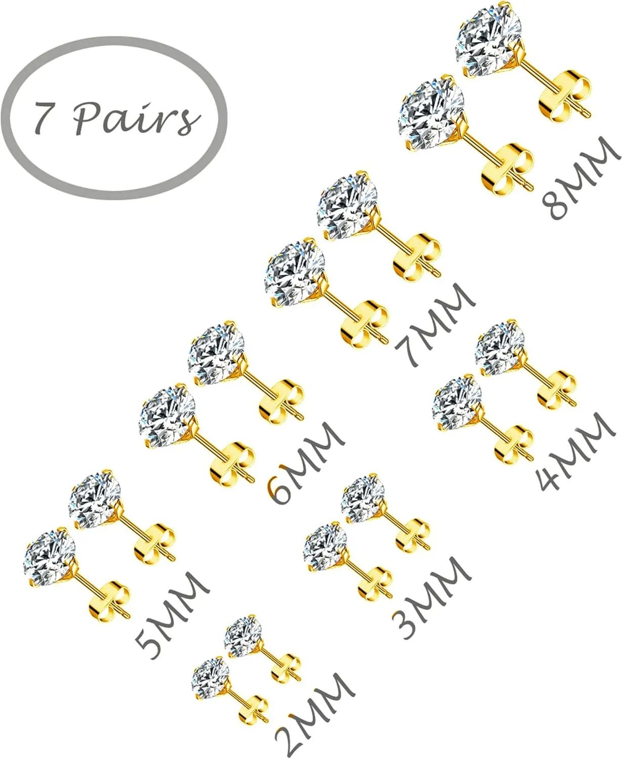 Tornito 7 Pairs 20G Stainless Steel Stud Earrings Round Cubic Zirconia Barbell Earring Set For Men Women 2MM-8MM Rose Gold Tone
