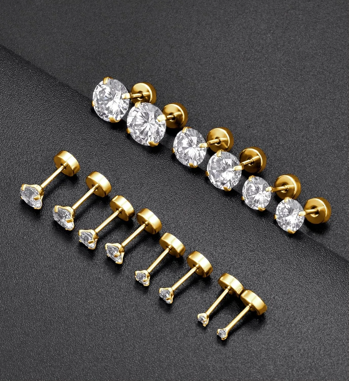 Tornito 7 Pairs 20G Stainless Steel Stud Earrings Round Cubic Zirconia Barbell Earring Set For Men Women 2MM-8MM Rose Gold Tone