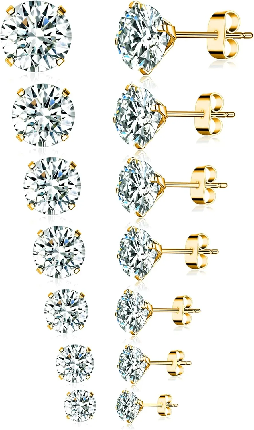 Tornito 7 Pairs 20G Stainless Steel Stud Earrings Round Cubic Zirconia Barbell Earring Set For Men Women 2MM-8MM Rose Gold Tone