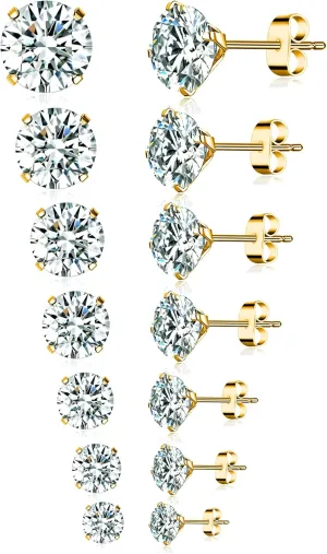 Tornito 7 Pairs 20G Stainless Steel Stud Earrings Round Cubic Zirconia Barbell Earring Set For Men Women 2MM-8MM Rose Gold Tone