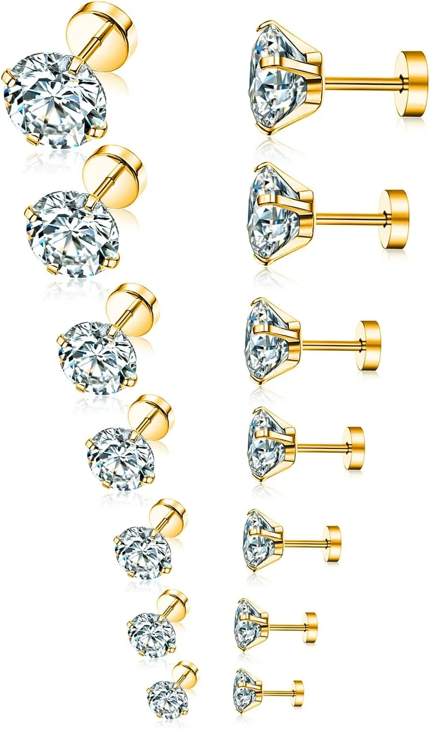 Tornito 7 Pairs 20G Stainless Steel Stud Earrings Round Cubic Zirconia Barbell Earring Set For Men Women 2MM-8MM Rose Gold Tone