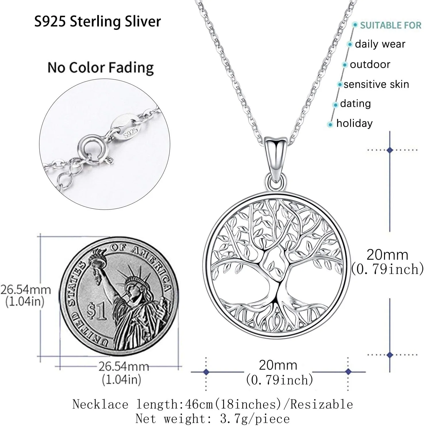Tree of Life Necklace for Women, Sterling Silver Pendant with 18'' Chain, Jewelry Gifts for Women Grandma Wife Mom (with Gift Box)