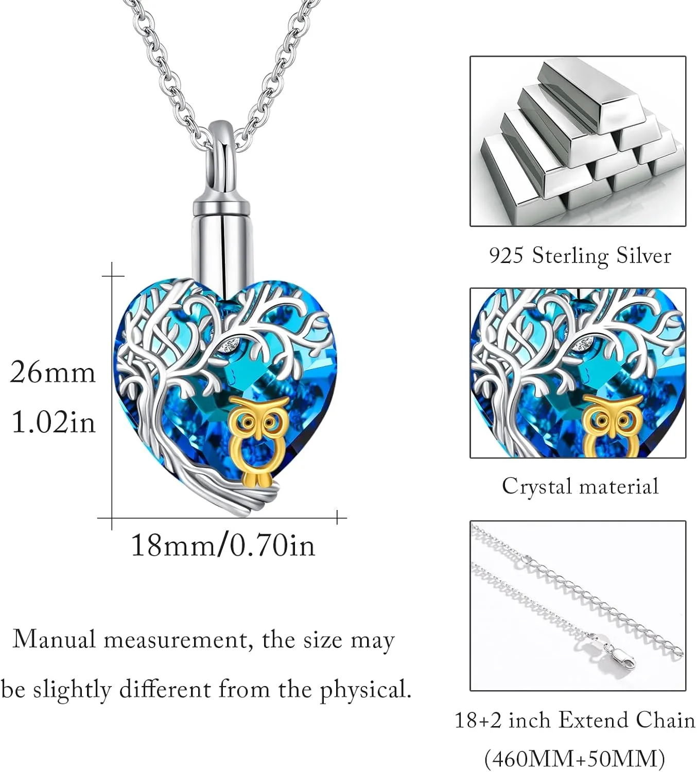 Tree of Life Urn Necklace for Ashes Sterling Silver Cremation Jewelry with Crystal w/Funnel Filler Memorial Jewelry Gifts for Women Girls
