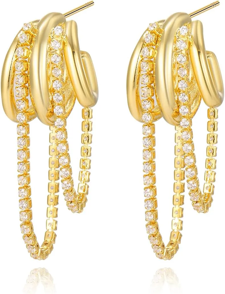Triple Hoop Earrings for Women,Gold/Silver Chunky Hoop Earrings 14k Gold Plated Hypoallergenic CZ Drop Dangle Trendy Dainty Jewelry G Women