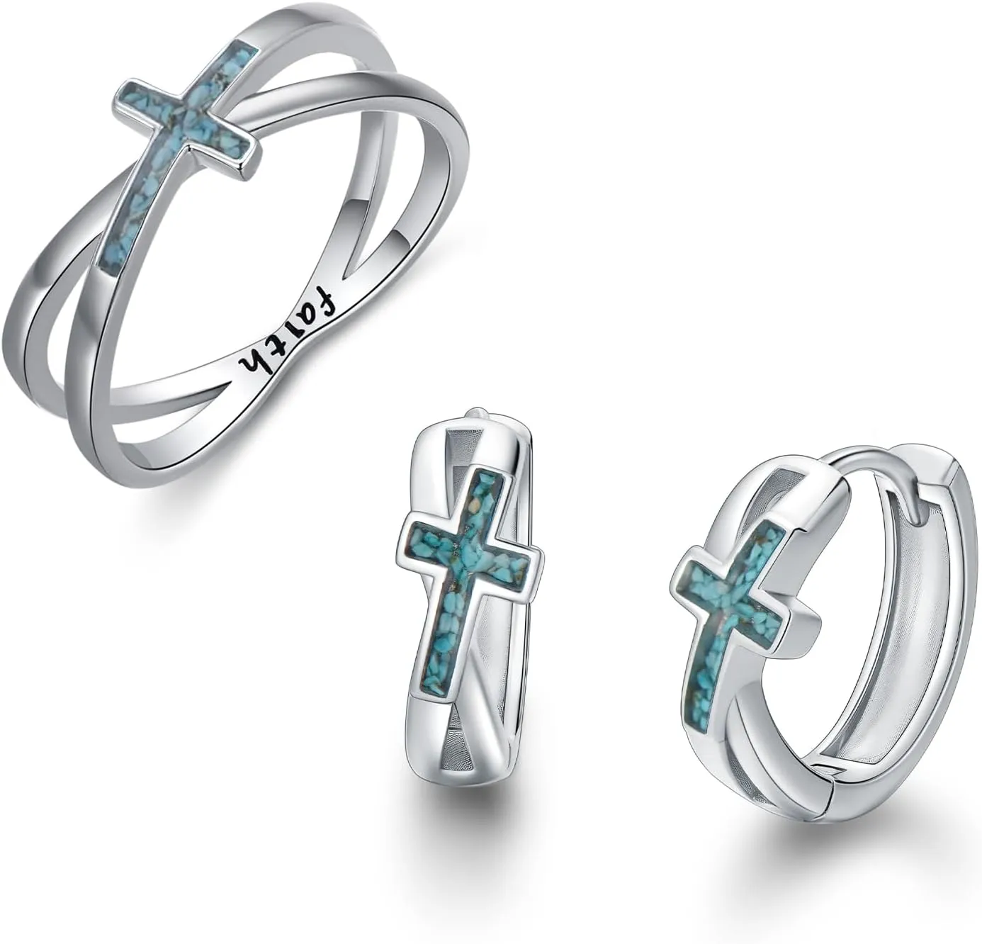Turquoise Cross Ring Earrings for Women 925 Sterling Silver Faith Christian Religious Jewelry Gifts 9 Size