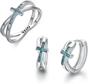 Turquoise Cross Ring Earrings for Women 925 Sterling Silver Faith Christian Religious Jewelry Gifts 9 Size