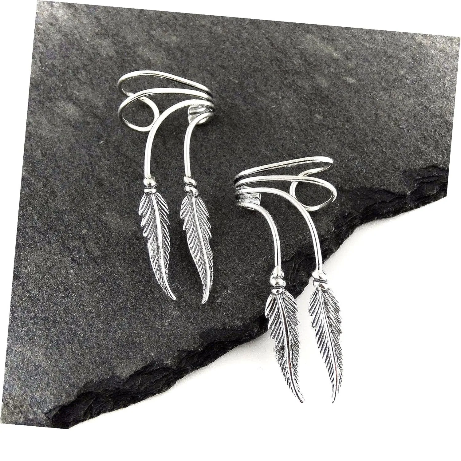 Two Feathers Ear Cuff Earrings - 925 Sterling Silver - Feather No Piercing Adorable Statement Jewelry Earrings for Women