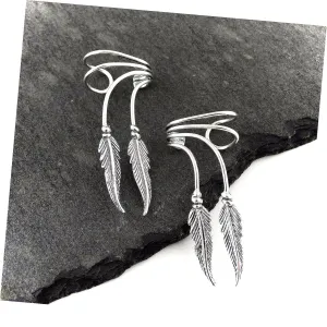 Two Feathers Ear Cuff Earrings - 925 Sterling Silver - Feather No Piercing Adorable Statement Jewelry Earrings for Women