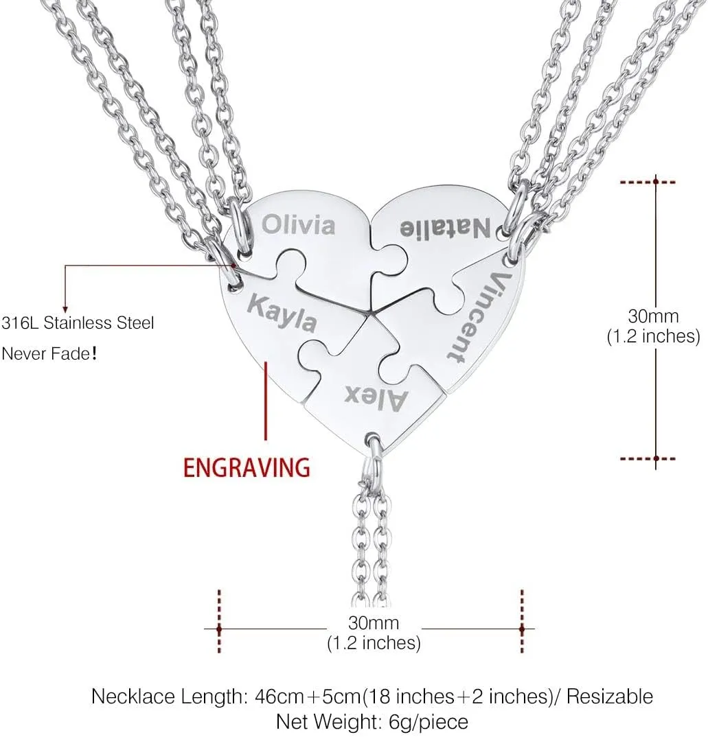 U7 BFF Necklace for 2/3/4/5/6 Women Girls Stainless Steel Personalized Family/Sibling/Friendship Jewelry Set Custom Best Friend Name Engrave Heart Puzzle Matching Pendant Necklaces