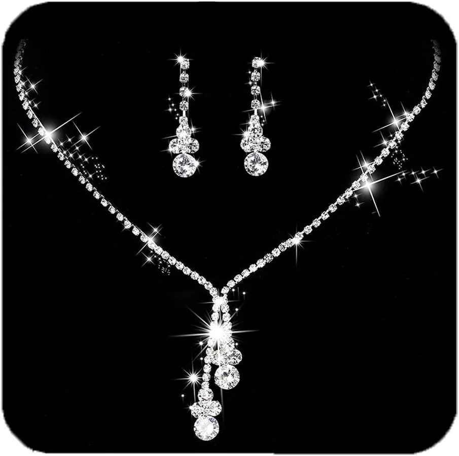 Unicra Bride Silver Bridal Necklace Earrings Set Crystal Wedding Jewelry Set Rhinestone Choker Necklace for Women and Brides (Set of 3)