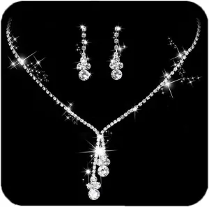 Unicra Bride Silver Bridal Necklace Earrings Set Crystal Wedding Jewelry Set Rhinestone Choker Necklace for Women and Brides (Set of 3)