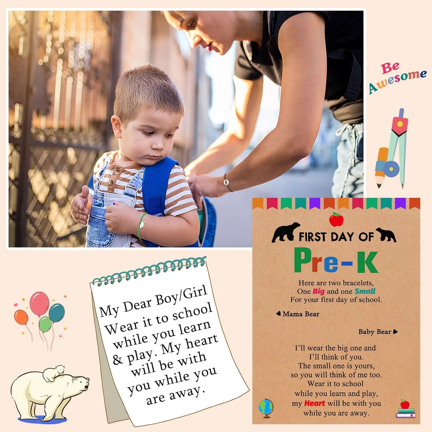UPROMI 2/3 PCS First Day of Daycare/Preschool/Kindergarten/1st Grade/2nd/3rd Grade Gift, Back to School Bracelet Mommy and Me