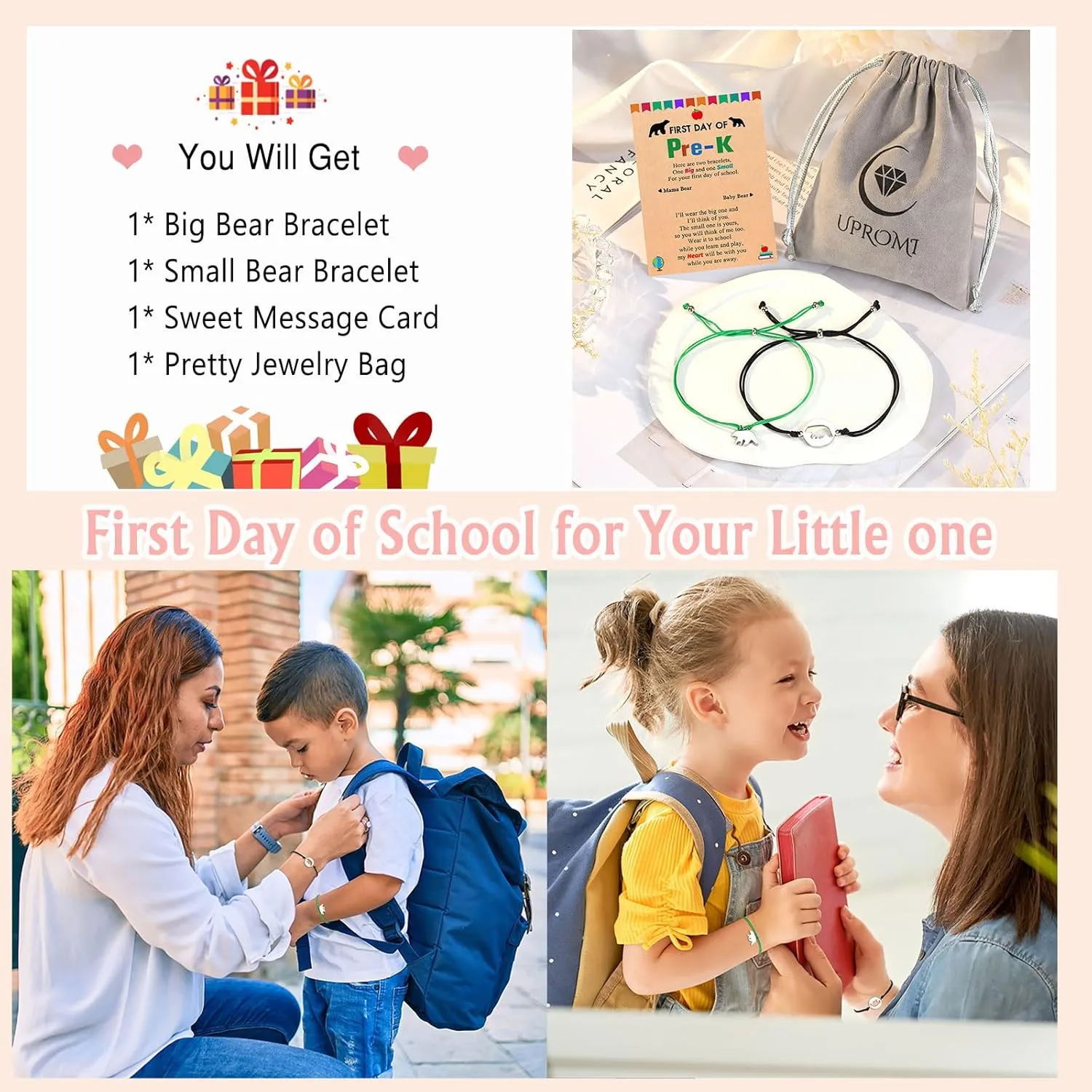 UPROMI 2/3 PCS First Day of Daycare/Preschool/Kindergarten/1st Grade/2nd/3rd Grade Gift, Back to School Bracelet Mommy and Me