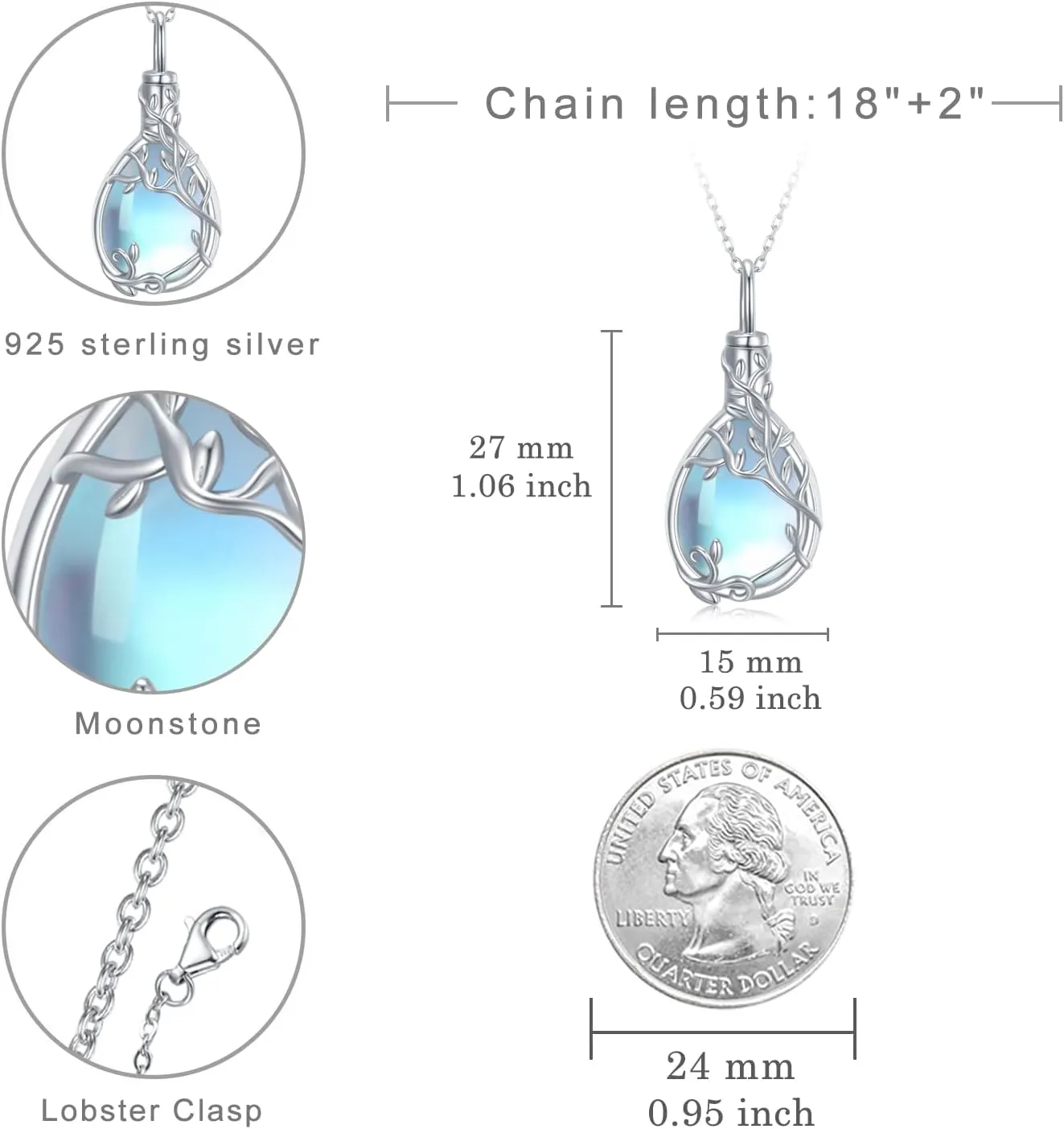 Urn Necklace for Ashes 925 Sterling Silver Moonstone/Angel Wing/Tree of Life/Cross Faith/Keepsake Pendant Necklace Cremation Memorial Jewelry Gifts for Women Men Girls