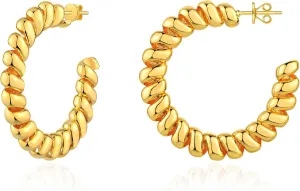 VACRONA Gold Hoop Earrings for Women 14K Gold Plated S925 Sterling Silver Post Open Hoops Twisted Split Rope Hypoallergenic Everyday Jewelry Gifts