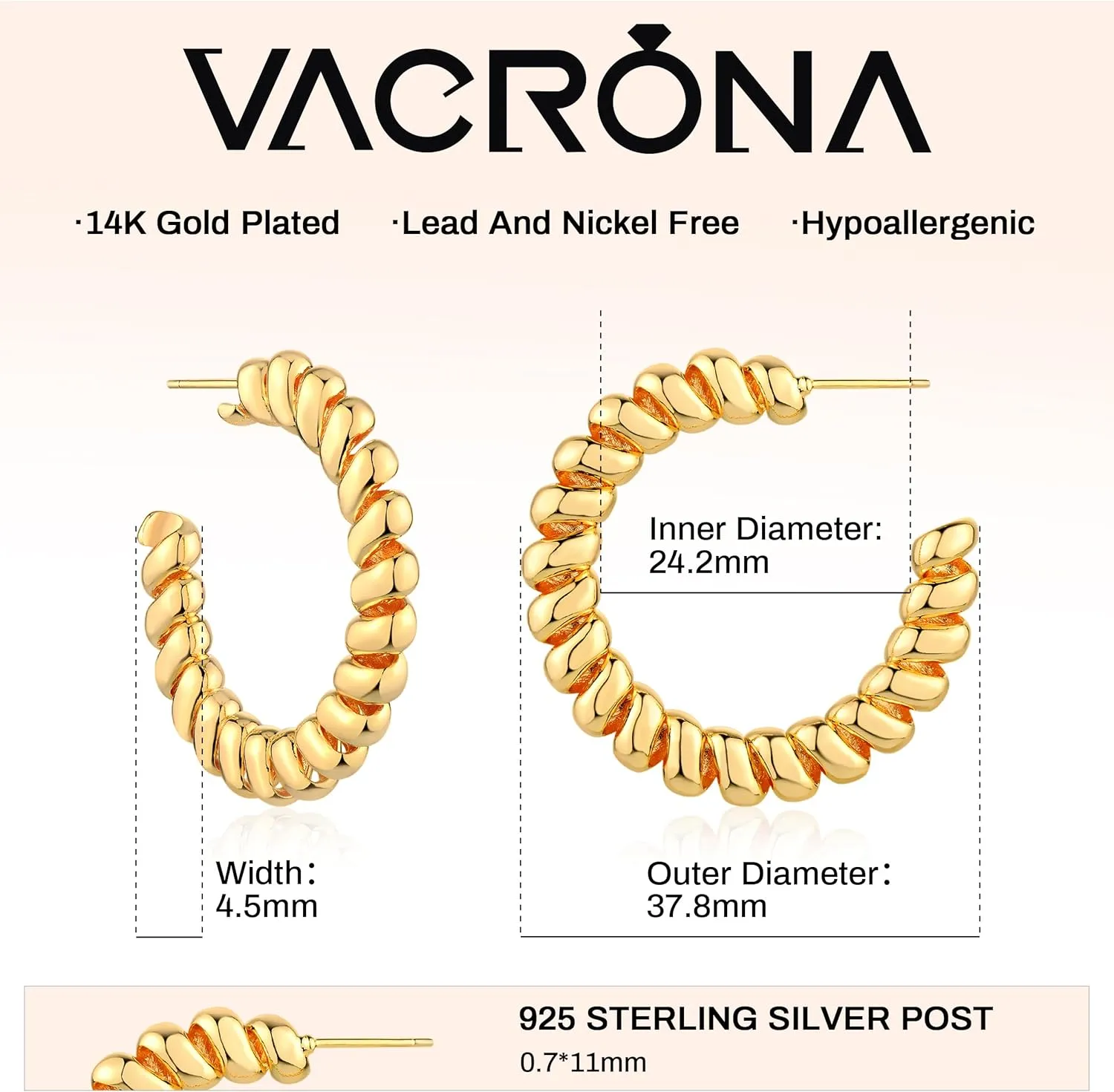 VACRONA Gold Hoop Earrings for Women 14K Gold Plated S925 Sterling Silver Post Open Hoops Twisted Split Rope Hypoallergenic Everyday Jewelry Gifts