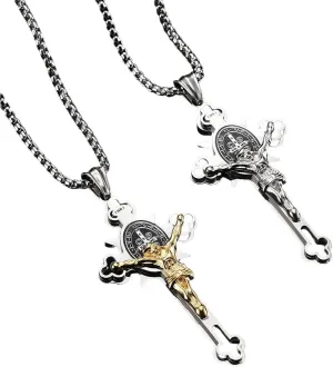 Vintage Catholic Jesus Cross Pendant Necklace for Men Punk Fashion Biker Amulet Stainless Steel Jesus Necklace Jewelry Gift