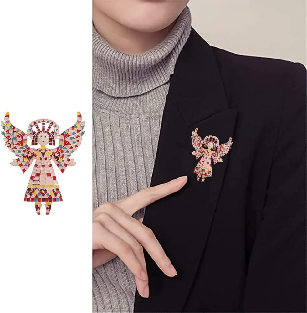 Vintage Colourful Angel Brooch Pin for Women Geometric Golden Enamel Cartoon Wing Lapel Pins Cute Dress Accessories Birthday Christmas Wedding Jewelry Gift