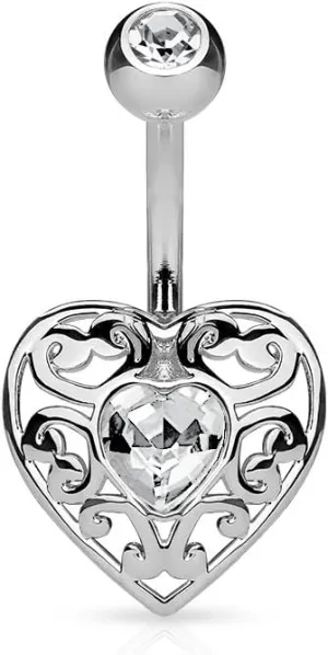 Vintage Filigree Heart with Heart Crystal Center 316L Surgical Steel WildKlass Belly Button Navel Rings