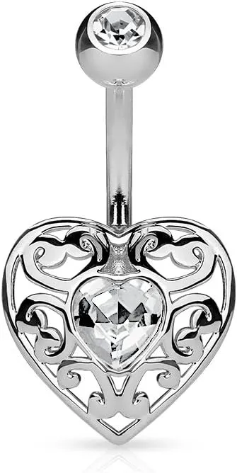 Vintage Filigree Heart with Heart Crystal Center 316L Surgical Steel WildKlass Belly Button Navel Rings