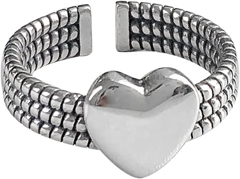 Vintage Layered Loving Heart Statement Ring for Women Silvery Expandable Adjustable Open Wrap Twisted Finger Rings Comfort Fit Retro Promise Engagement Wedding Eternity Jewelry Gift