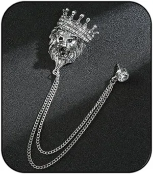 Vintage Leopard Head Chain Brooch Lion Head Rhinestone Crown Fringe Pin Punk Style Cool Animal Head Collar Fringe Suit Pin Men's Shirt Pin Corsage