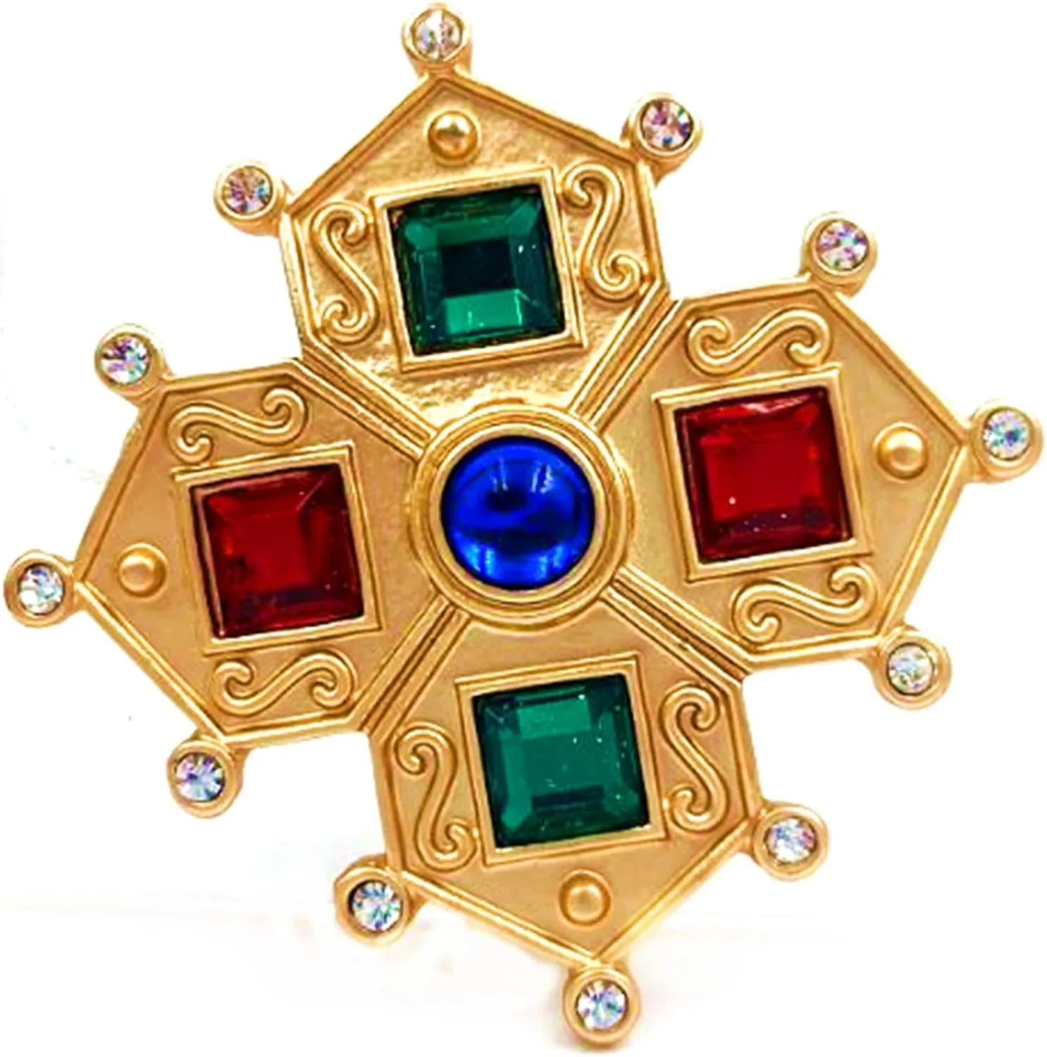 Vintage Look Green Blue Red Stone Deco Golden Metallic Maltese Cross Pin Baroque Costume Jewelry