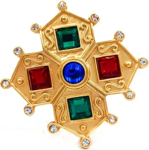 Vintage Look Green Blue Red Stone Deco Golden Metallic Maltese Cross Pin Baroque Costume Jewelry