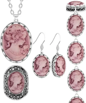 Vintage Look Lady Queen Cameo Sets For Women Victoria Pendant Cameo Necklace Earrings Ring Bracelet Fashion Jewelry