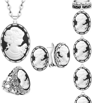 Vintage Look White Lady Queen Cameo Sets For Women Victoria Pendant Cameo Necklace Earring Stud Ring Fashion Antique Silver Plated Jewelry