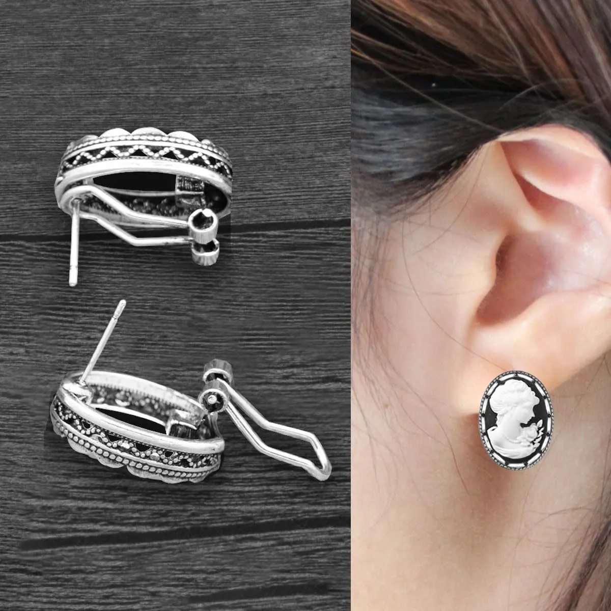 Vintage Look White Lady Queen Cameo Sets For Women Victoria Pendant Cameo Necklace Earring Stud Ring Fashion Antique Silver Plated Jewelry